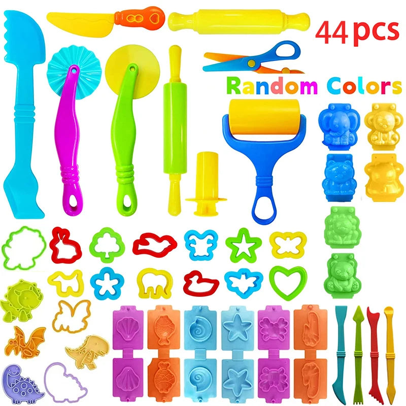 A set of 44 random colored dough tools for kids including cutters, a rolling pin, and an extruder.