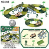 A green plastic track set for a race car featuring a police jeep toy and various track pieces.
