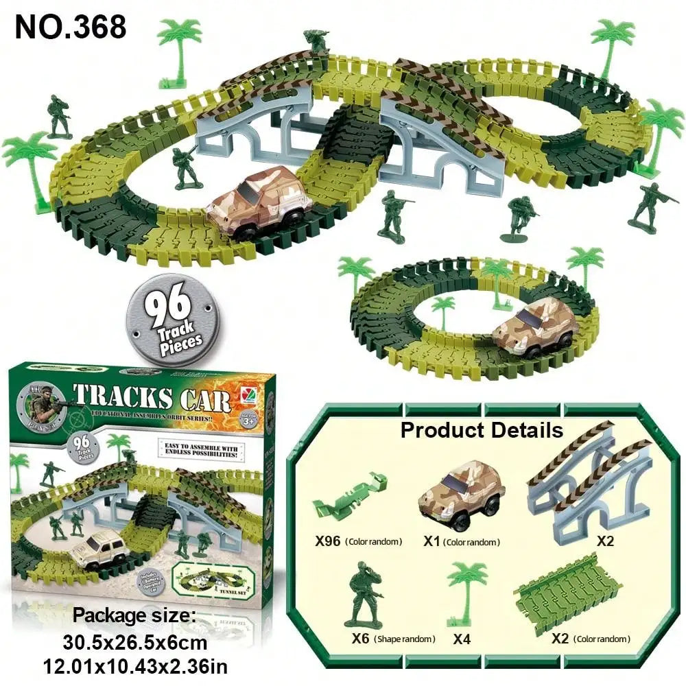 A green plastic track set for a race car featuring a police jeep toy and various track pieces.