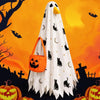 A white ghost costume with black cats and a yellow goose head, set against an orange Halloween background.