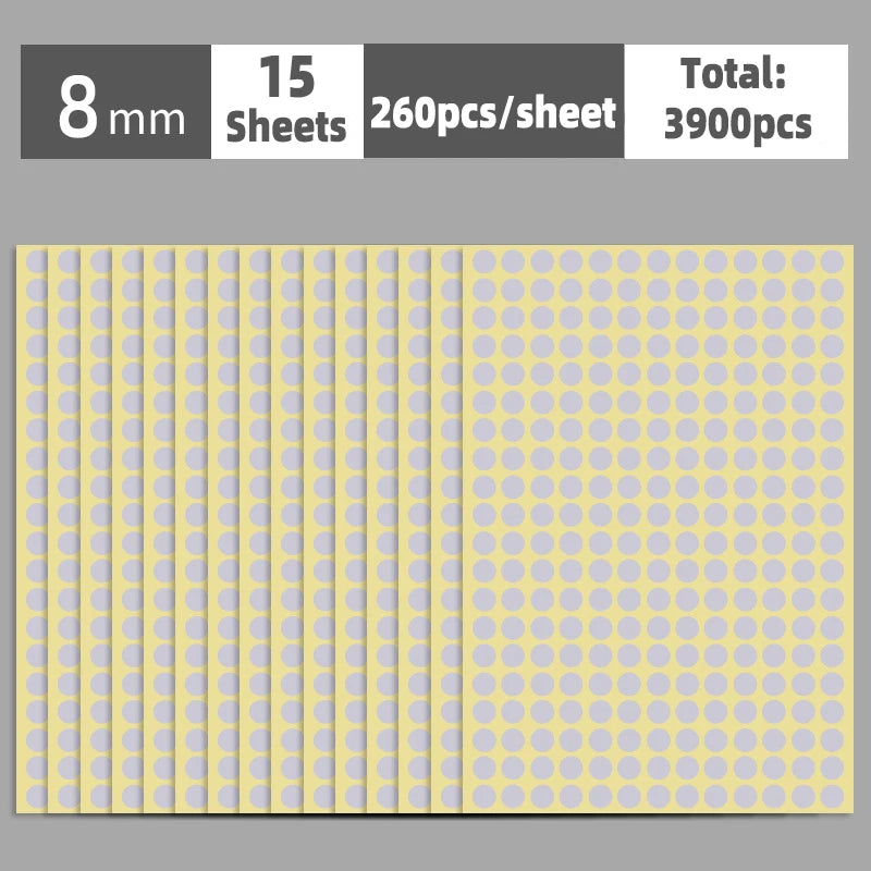 A sheet of round self-adhesive dot labels in yellow and light purple colors, with a total count of 3900 pieces.