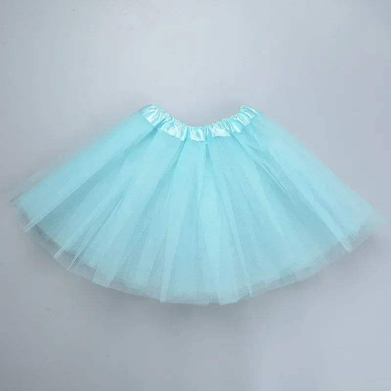 Light blue three-layer tutu skirt for girls with a gathered waistband