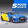 A blue sports car model is displayed against a blue background with Spoon Sports branding.