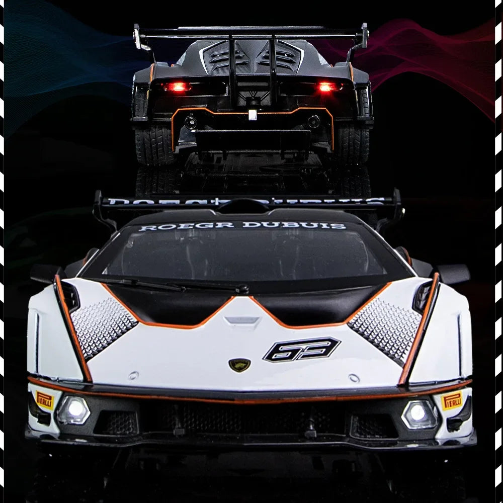 A black and white 1:24 Lamborghini Essenza SCV12 diecast model car with a prominent front grille and spoiler.