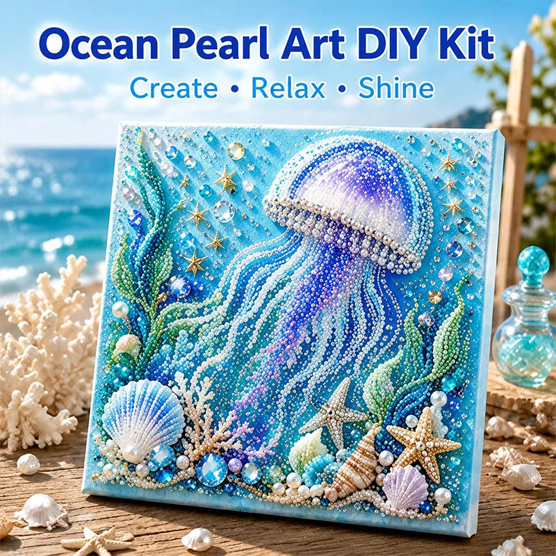 DIY Ocean Pearl Art Kit featuring a blue background with iridescent and sparkling designs of a sea creature.