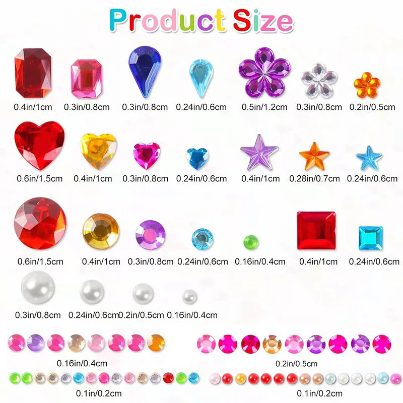 A collection of various acrylic gem stickers in different colors and shapes, including facets, round stones, and star shapes.