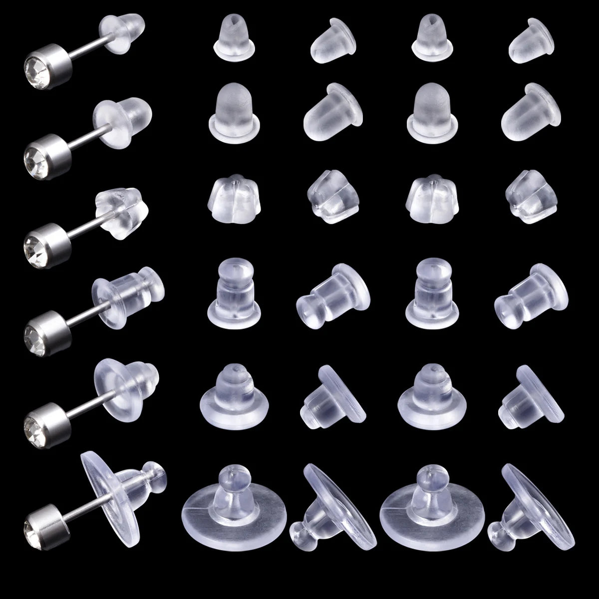 A collection of clear silicone earring backs in various stud and post styles.