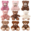 A collection of eight plush teddy bears in various colors including pink, beige, brown, and cream.