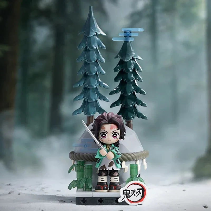Collectible blind box figures of Demon Slayer characters in a forest setting