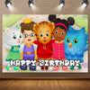 A colorful cartoon illustration of a tiger, a cat, and a child celebrating a birthday with a crown and party theme.