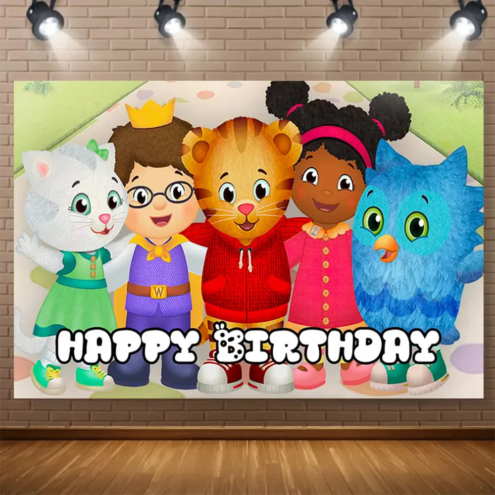 A colorful cartoon illustration of a tiger, a cat, and a child celebrating a birthday with a crown and party theme.