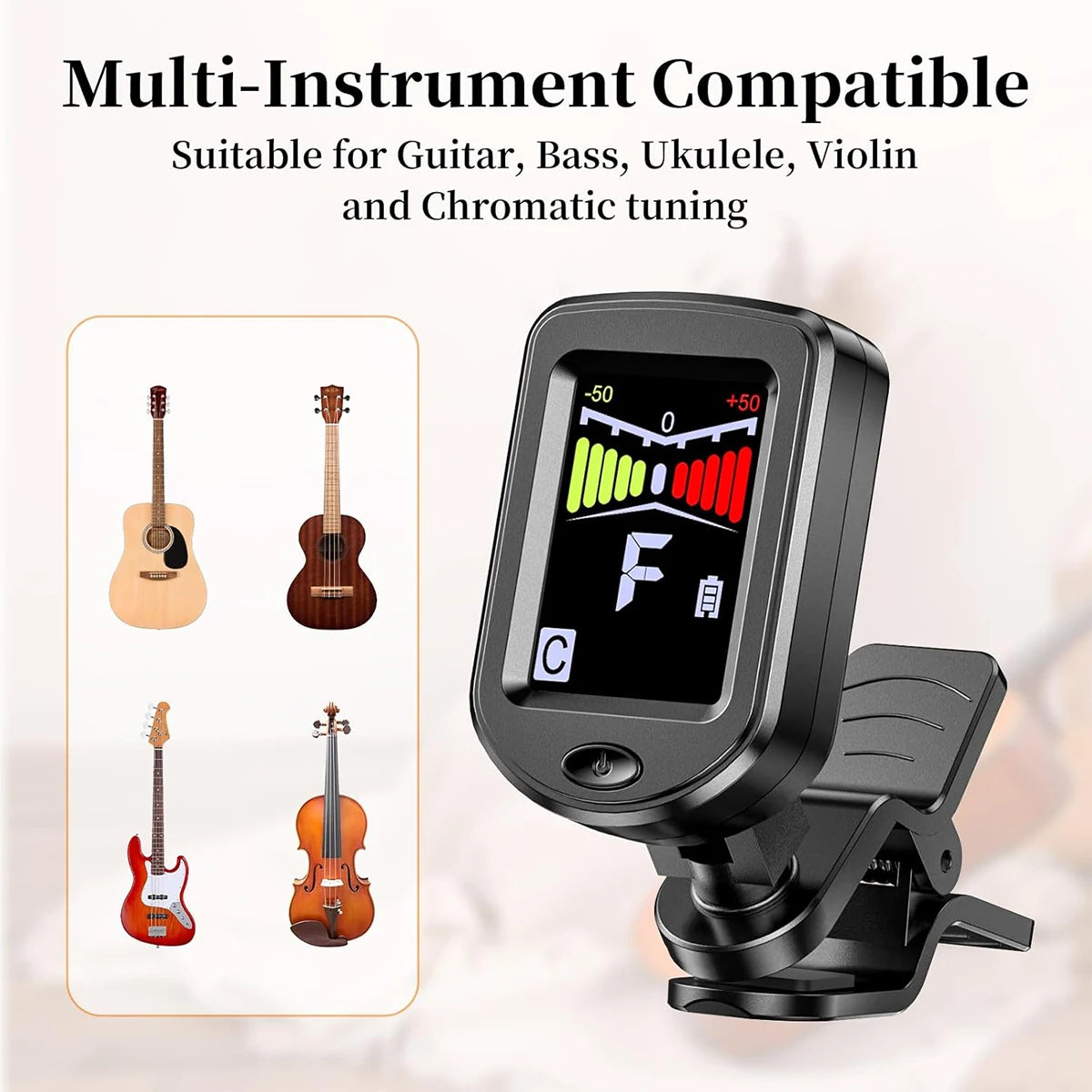 A black clip-on tuner with a color display is shown next to various stringed instruments like guitars and violins.