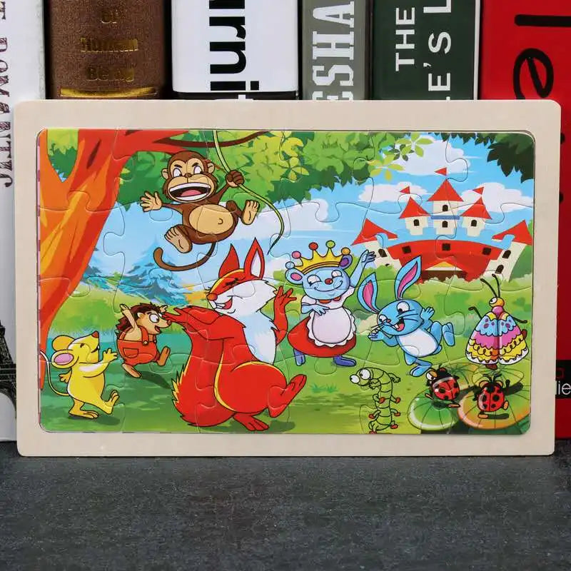 A colorful 24-piece wooden jigsaw puzzle featuring various woodland animals like a monkey, fox, rabbit, and other creatures.