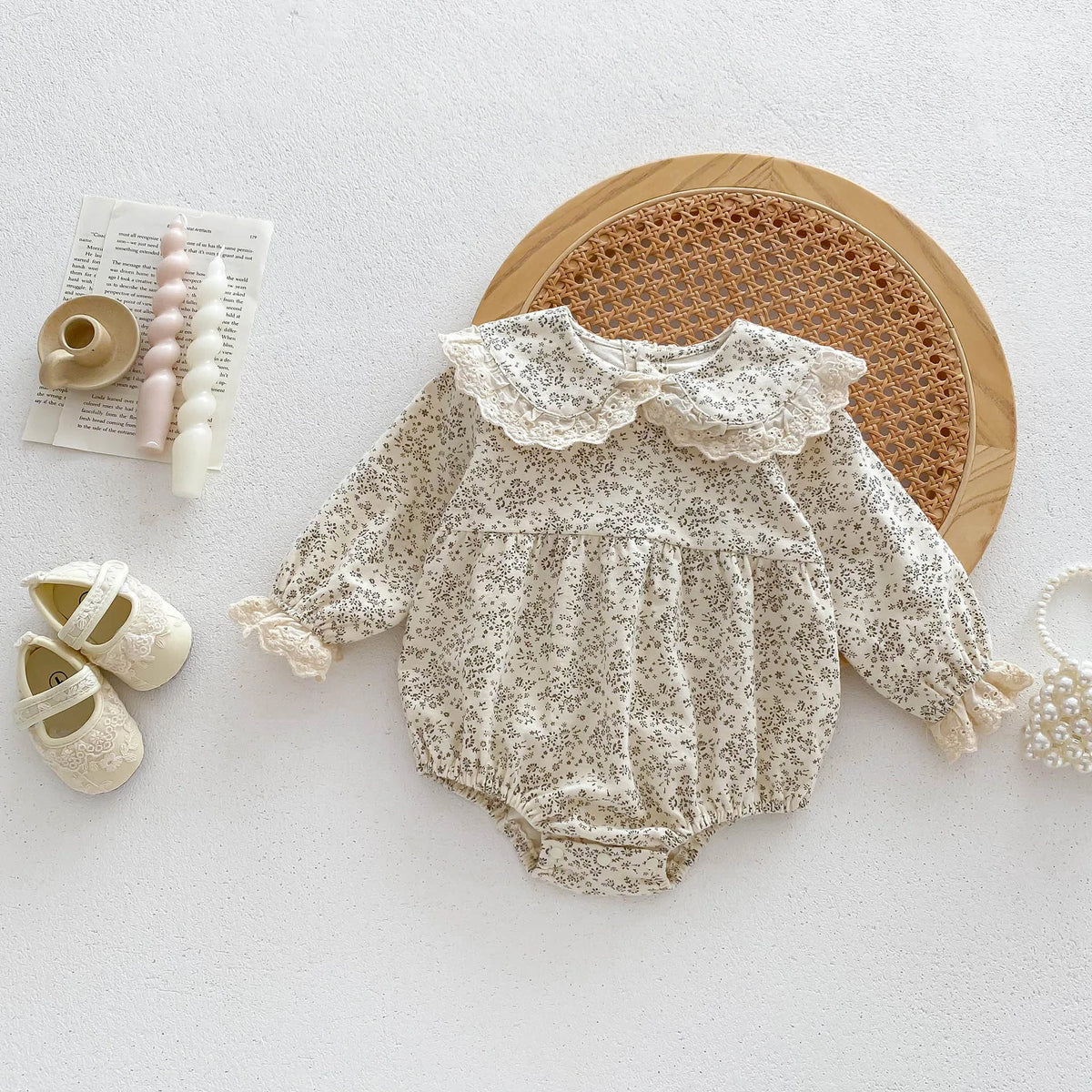 Baby Girls Lace-Trim Cotton Romper with Floral Details