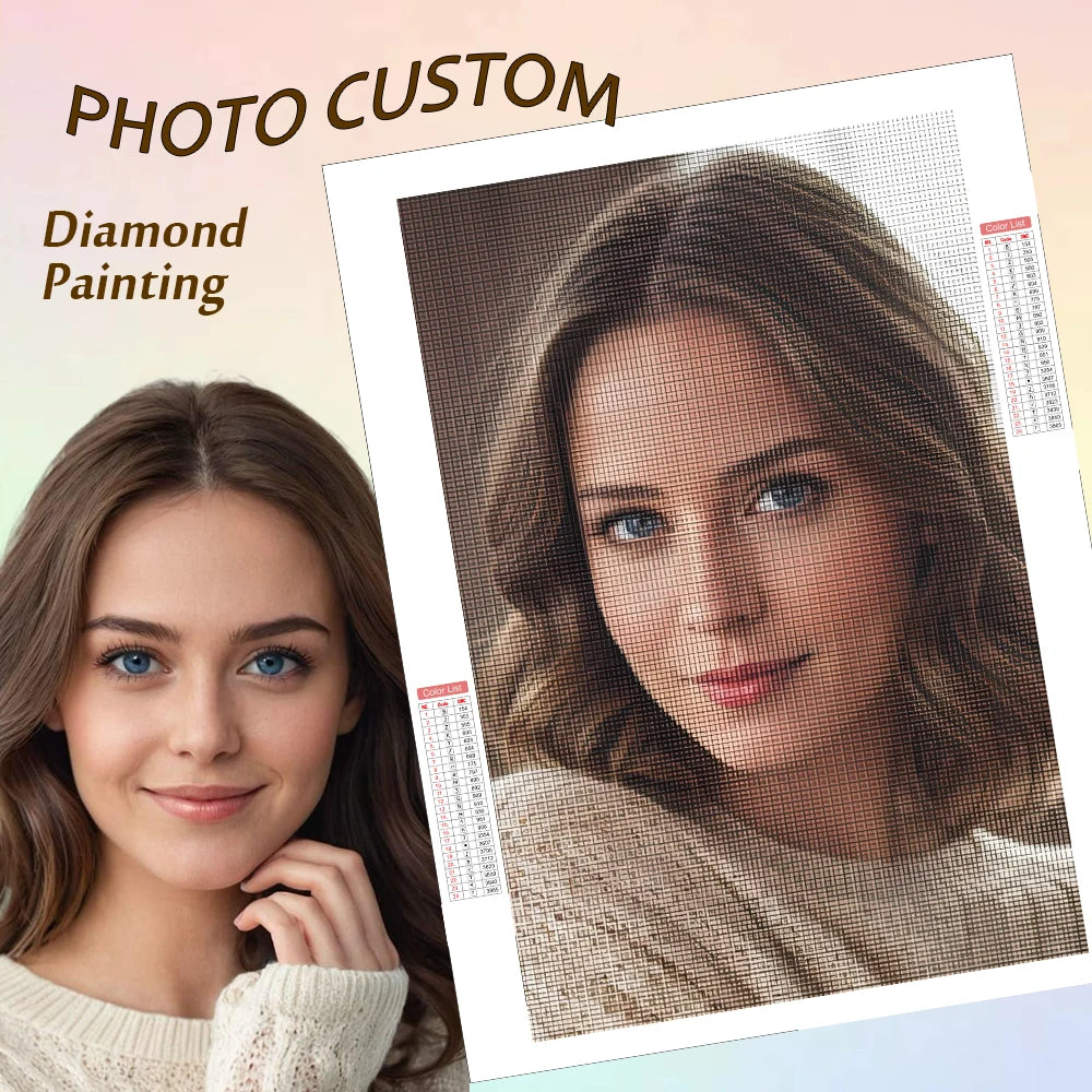 A woman is shown next to a photo of her painted in diamond painting style.