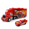 A red diecast toy hauler truck featuring Lightning McQueen and a 95 badge.