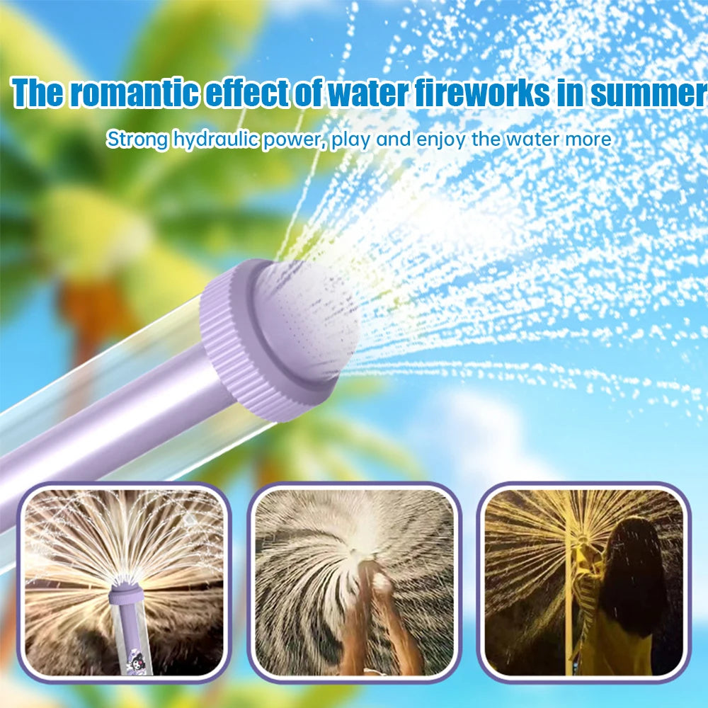 A purple water firework blaster spraying water in a summer setting, shown in close-up shots.
