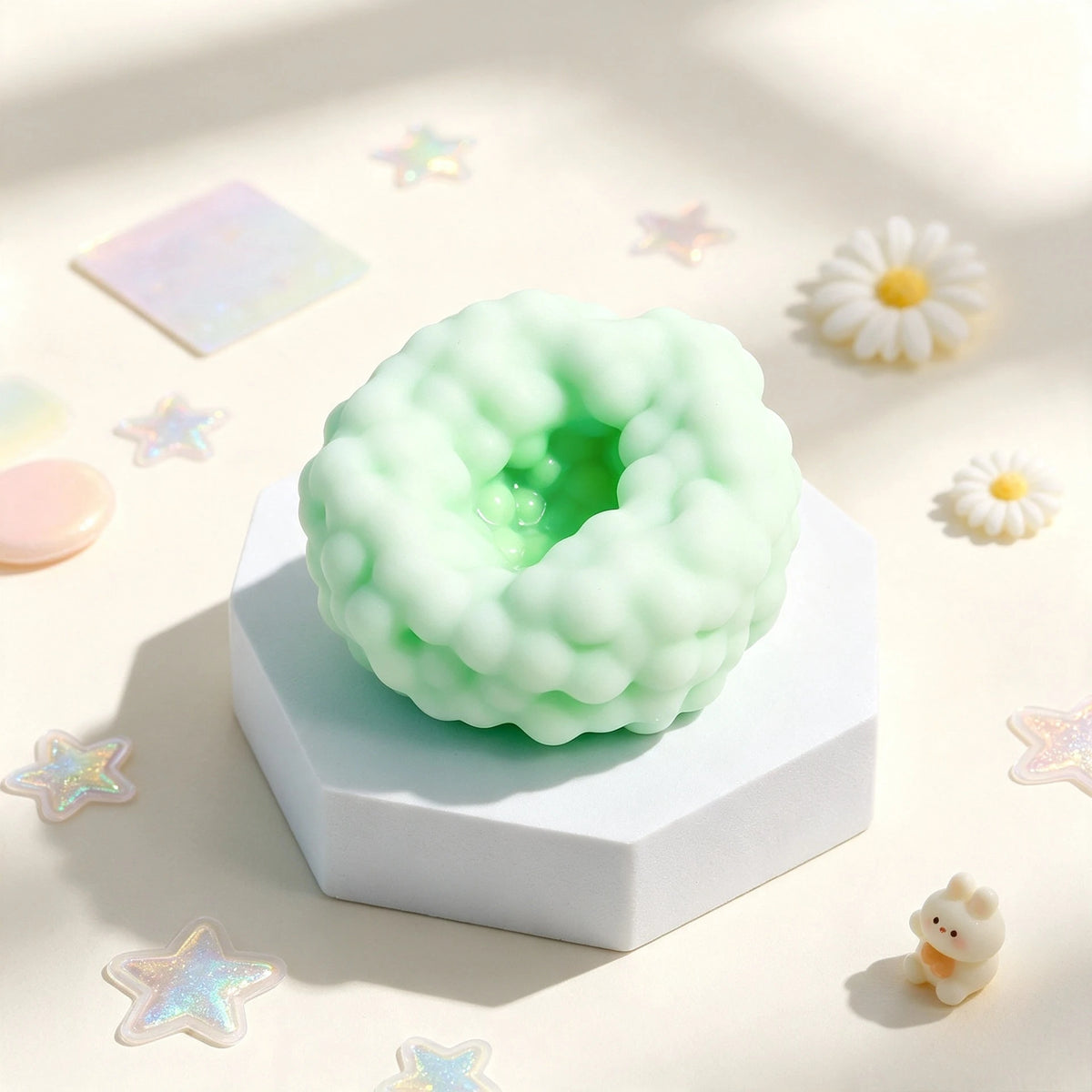 A pale green squishy sensory stress ball resting on a white block with small star-shaped fidget toys nearby.