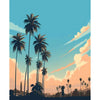 A painting of palm trees silhouetted against a bright blue sky with clouds and soft orange light.
