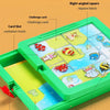 A green storage box containing a puzzle board with various animal-themed cards and slots for a slide puzzle game.