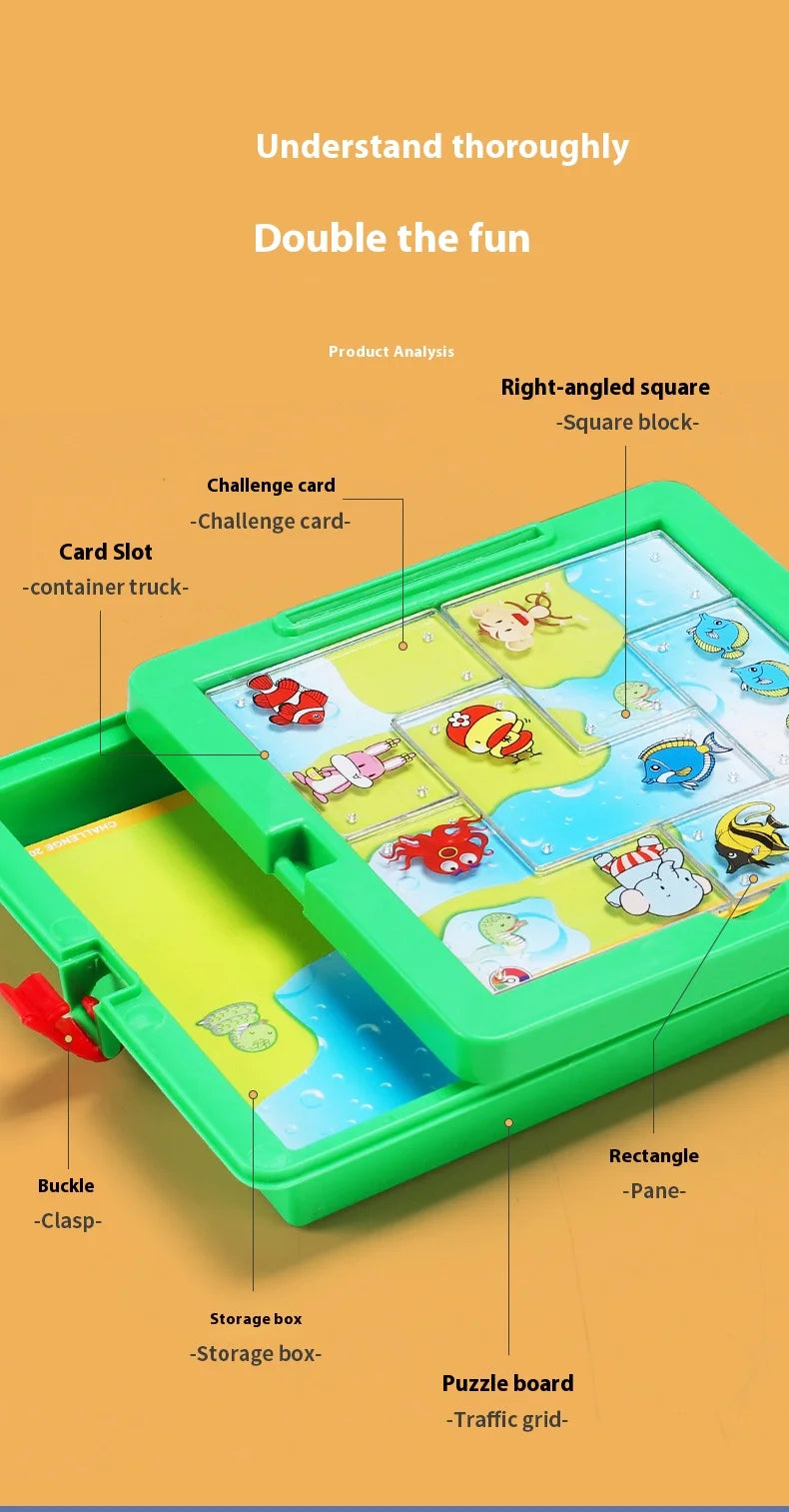 A green storage box containing a puzzle board with various animal-themed cards and slots for a slide puzzle game.