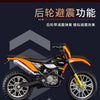 A diecast model of a KTM motorcycle demonstrating rear suspension performance.