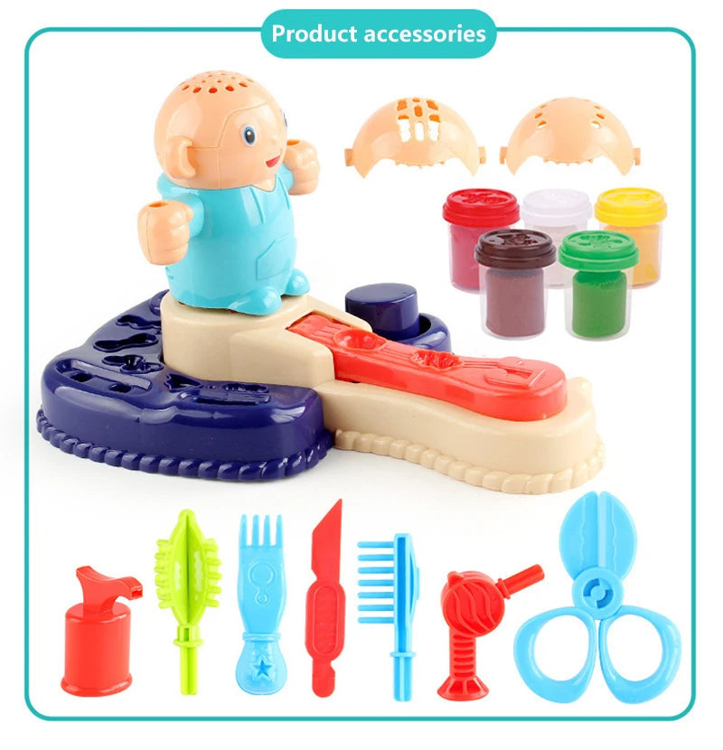 A set of color dough tools including a hair dryer, scissors, combs, and various shaping tools for kids