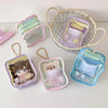 A collection of cute storage pouches and bags in pastel colors, including a mesh basket and various fabric pouches.