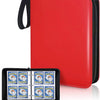 A red PU leather card binder with a black zipper and a black strap, shown next to a small black card holder.