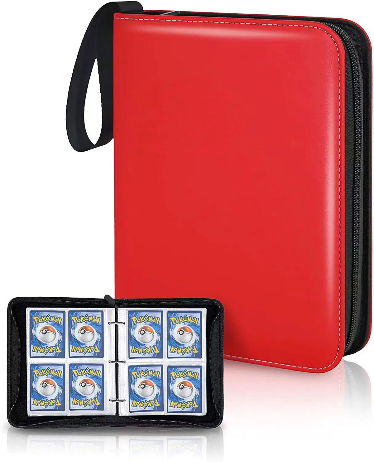 A red PU leather card binder with a black zipper and a black strap, shown next to a small black card holder.