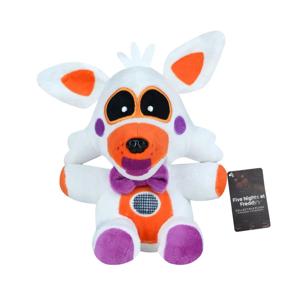 A white plush toy resembling a rabbit character with orange ears and purple accents.