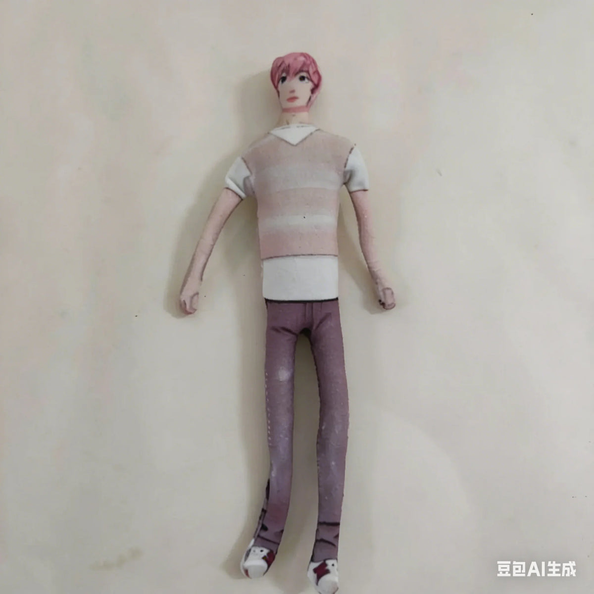 A pink-haired poseable plush doll figure wearing a striped top and purple pants.