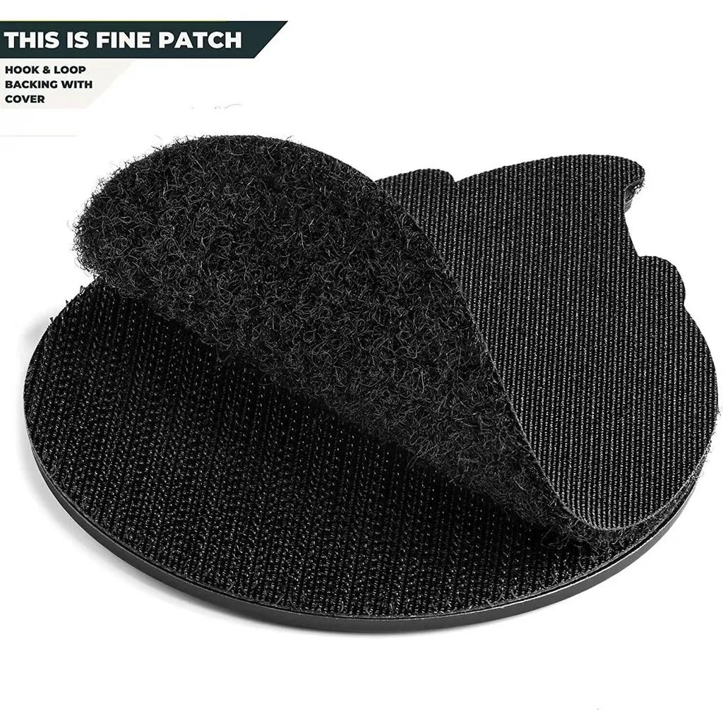 A black hook and loop patch with a cover is shown, featuring a textured felt piece.