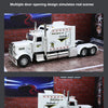 A white Peterbilt 389 scale diecast truck model is shown in a real-shot demonstration setting.
