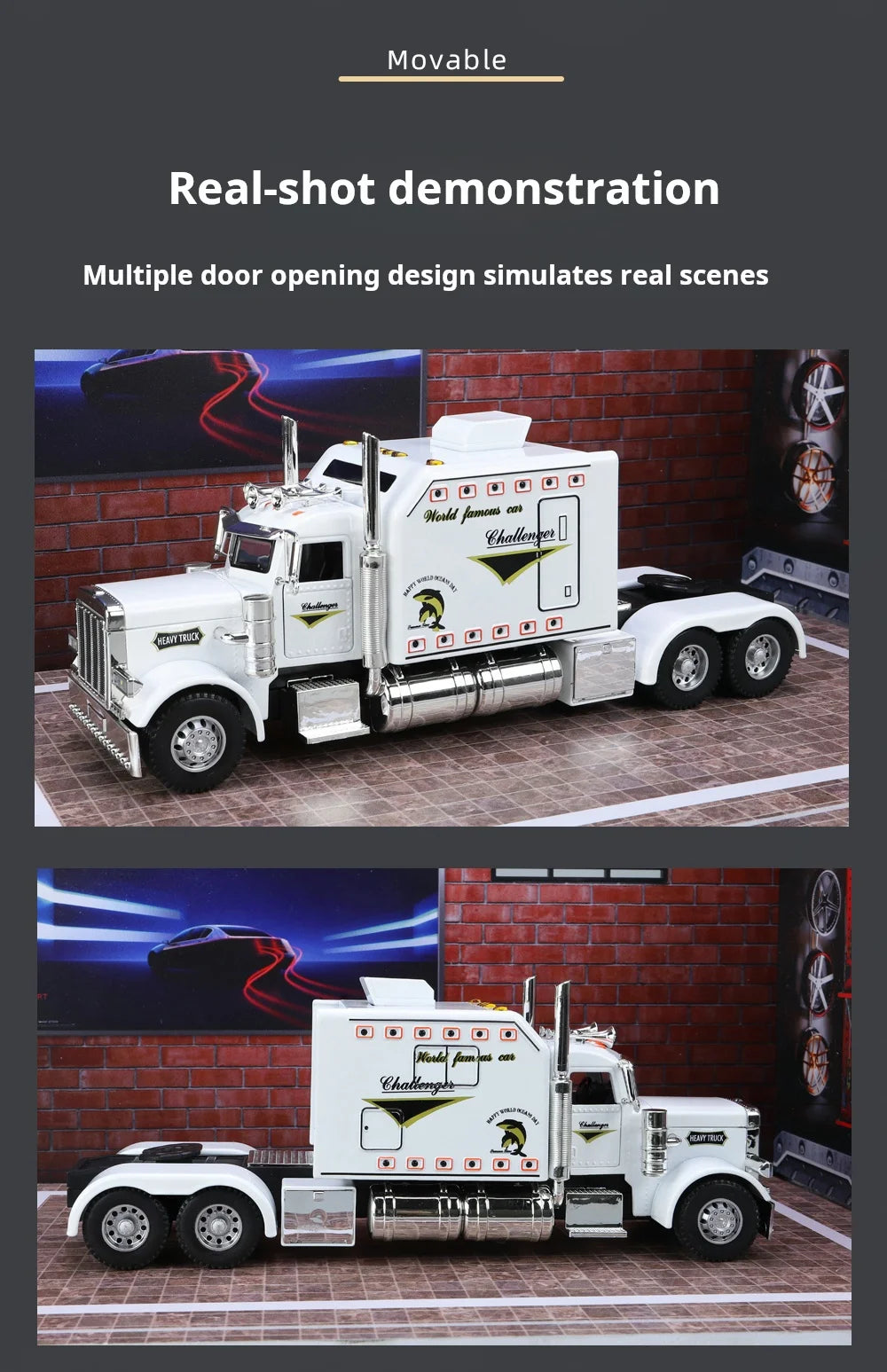 A white Peterbilt 389 scale diecast truck model is shown in a real-shot demonstration setting.