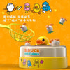 A set of B.Duck and friends toys including a yellow plastic duck, a pink duck, and a blue duck, displayed on a round platform