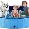 A dog and a boy are in a blue foldable pet bath tub with a quick-drain design.