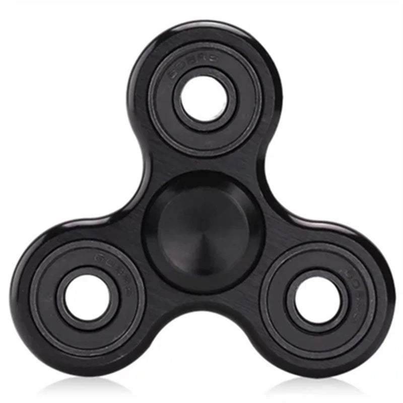 A black aluminum alloy fidget spinner with a precision bearing and four decorative holes.