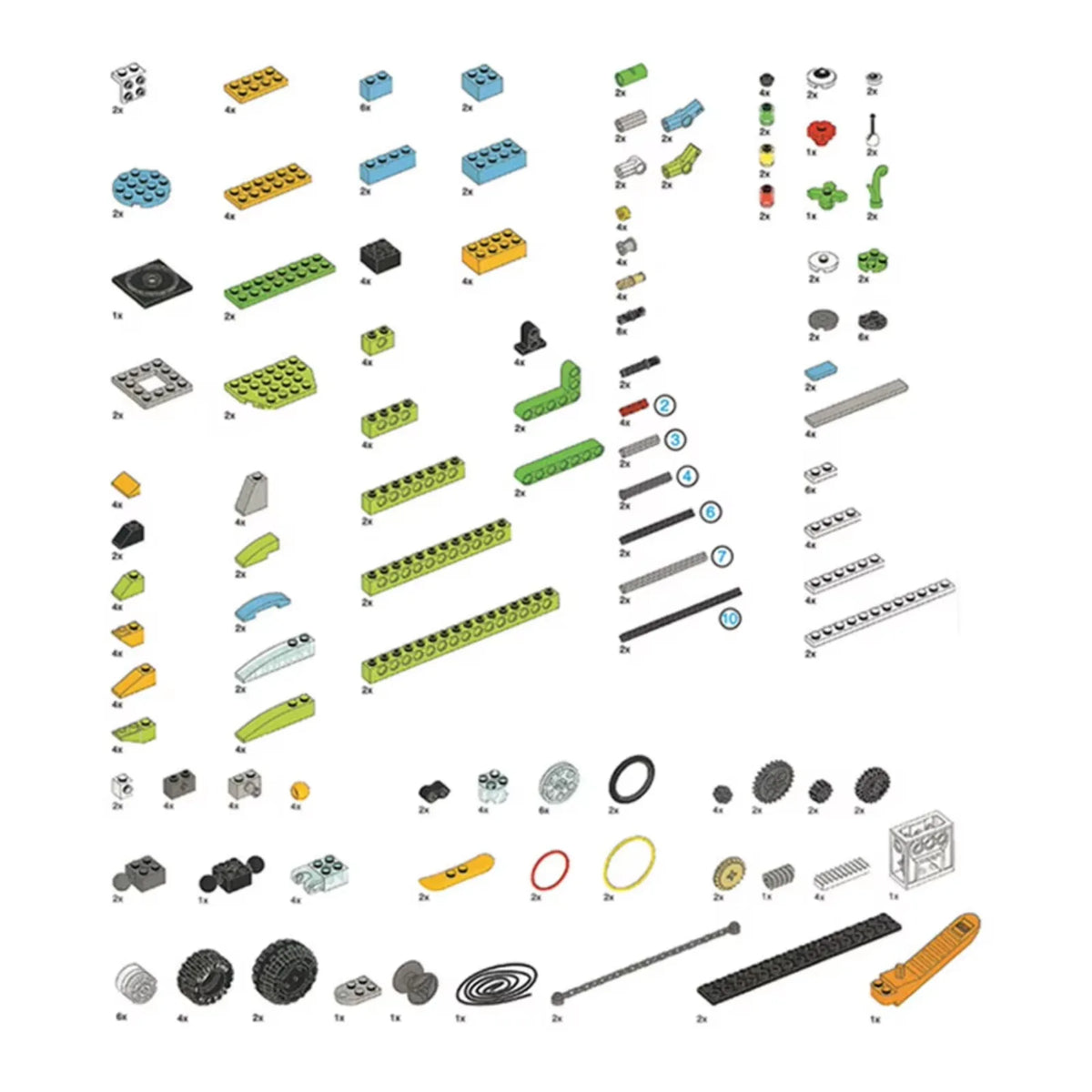 A collection of various colored and shaped plastic building blocks for STEM programming and educational activities.