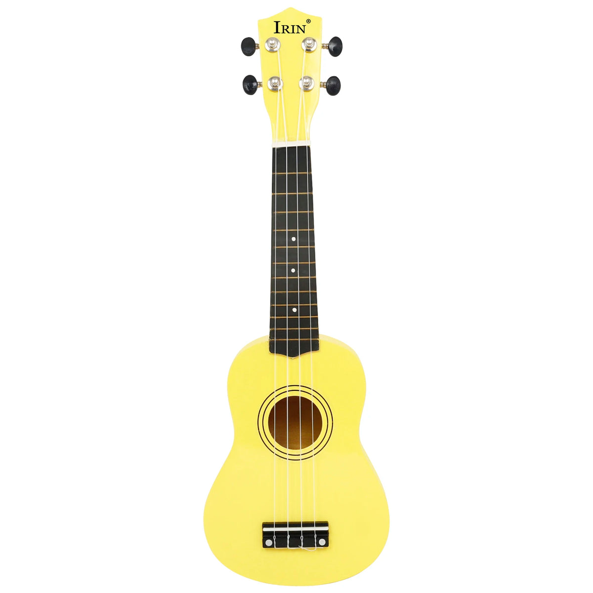 A yellow IRIN ukulele with a light wood finish and accessories.