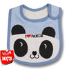 A baby feeding bib with a panda design featuring black and white stripes on a light blue background.
