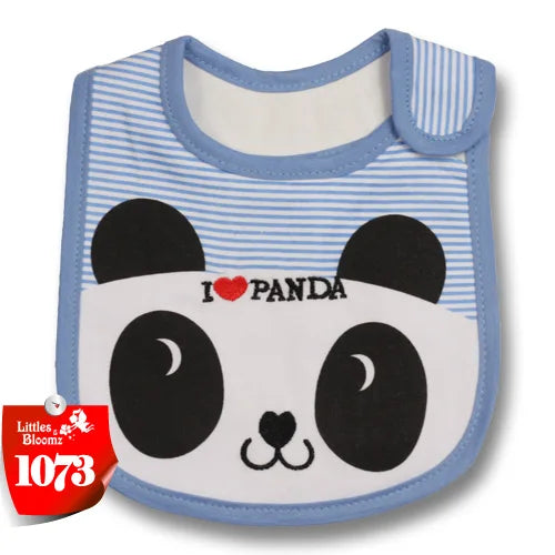 A baby feeding bib with a panda design featuring black and white stripes on a light blue background.