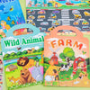 A colorful sticker book featuring wild animals and farm scenes for kids