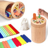 Wooden coin and color sorting toy with wooden tubes and a storage container for toddlers
