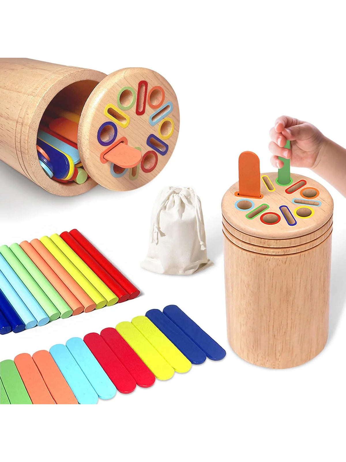 Wooden coin and color sorting toy with wooden tubes and a storage container for toddlers