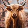 A close-up portrait of a Highland cow with large horns and fluffy golden fur against a backdrop of pink blossoms.
