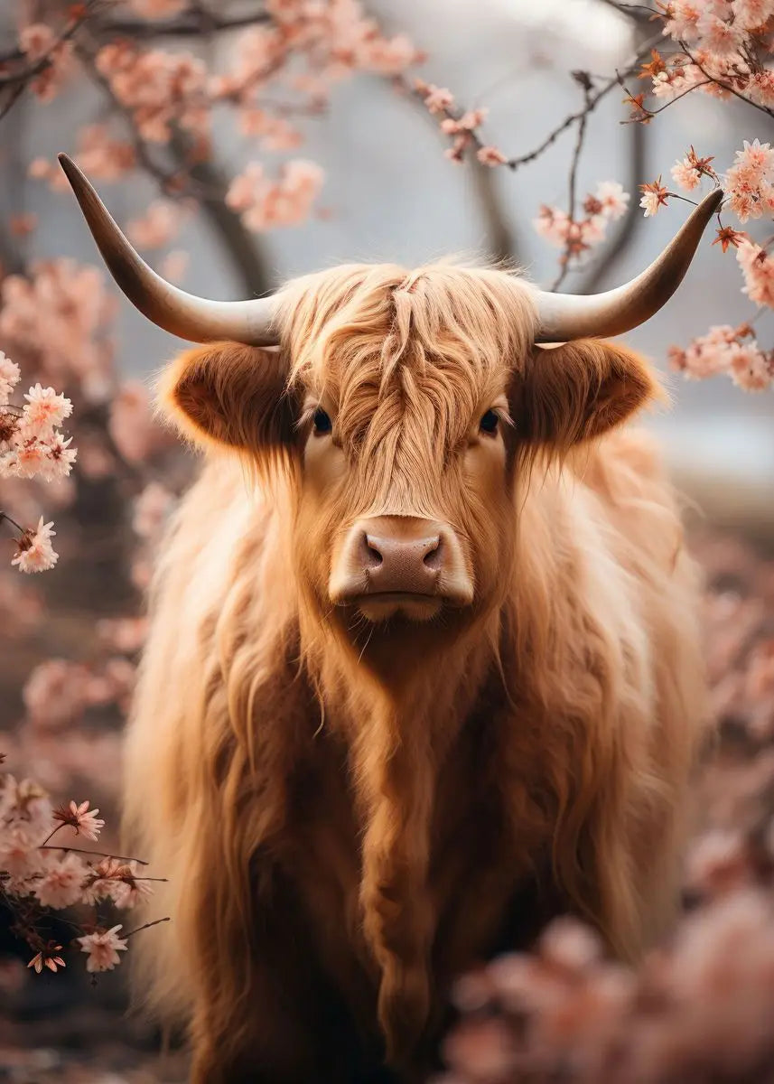 A close-up portrait of a Highland cow with large horns and fluffy golden fur against a backdrop of pink blossoms.