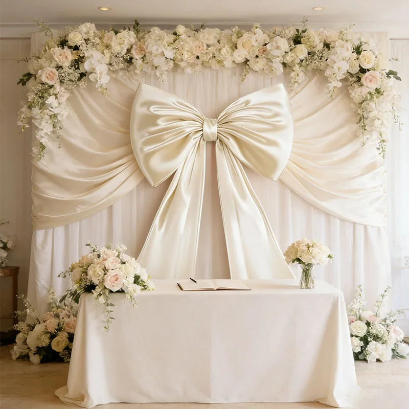 Oversized creamy white satin bow decoration draped across a white backdrop for an event or party setting.