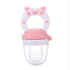 A silicone baby food feeder with a teether, featuring a pink and white design.
