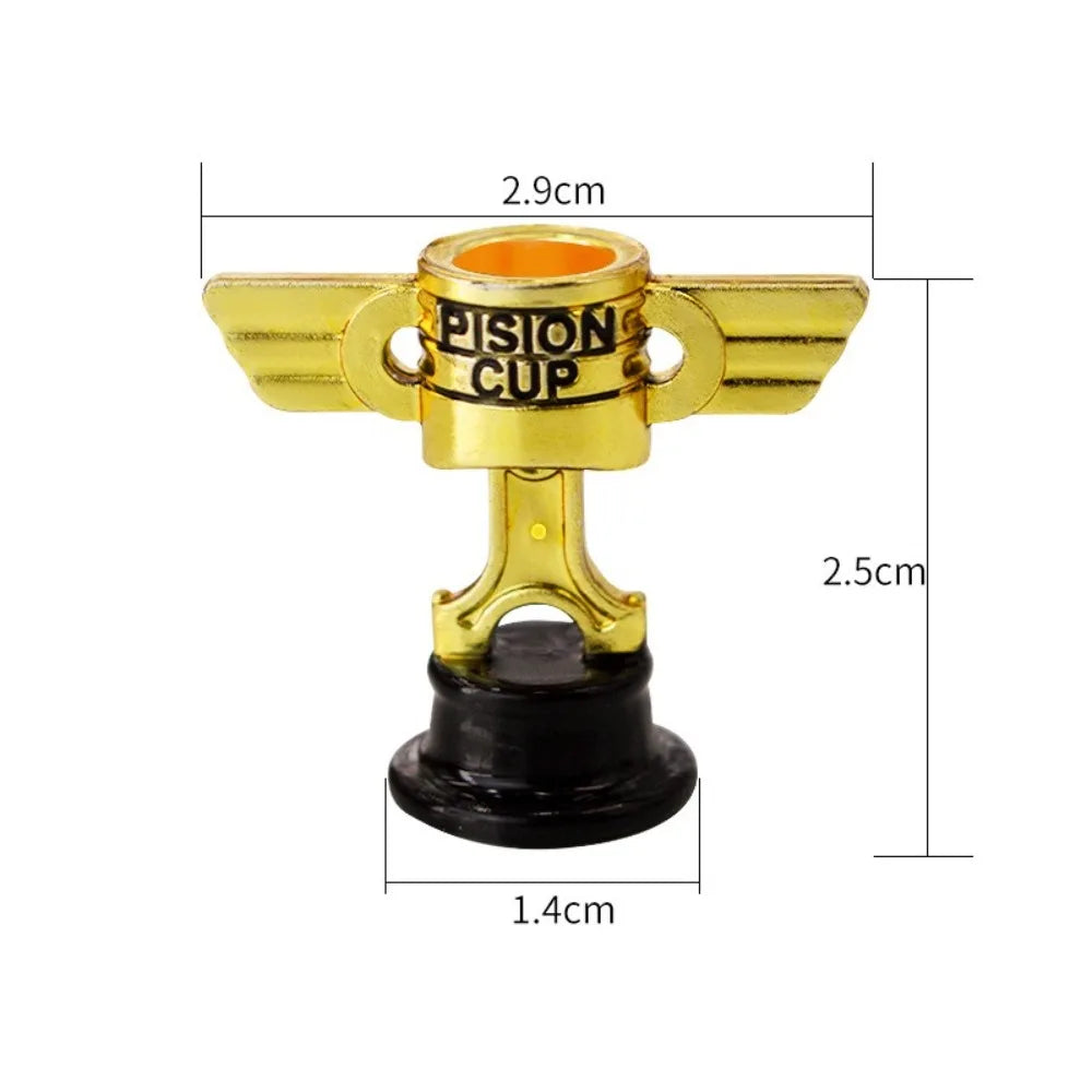 A small golden trophy cup with wings and a base, used for kids and events.